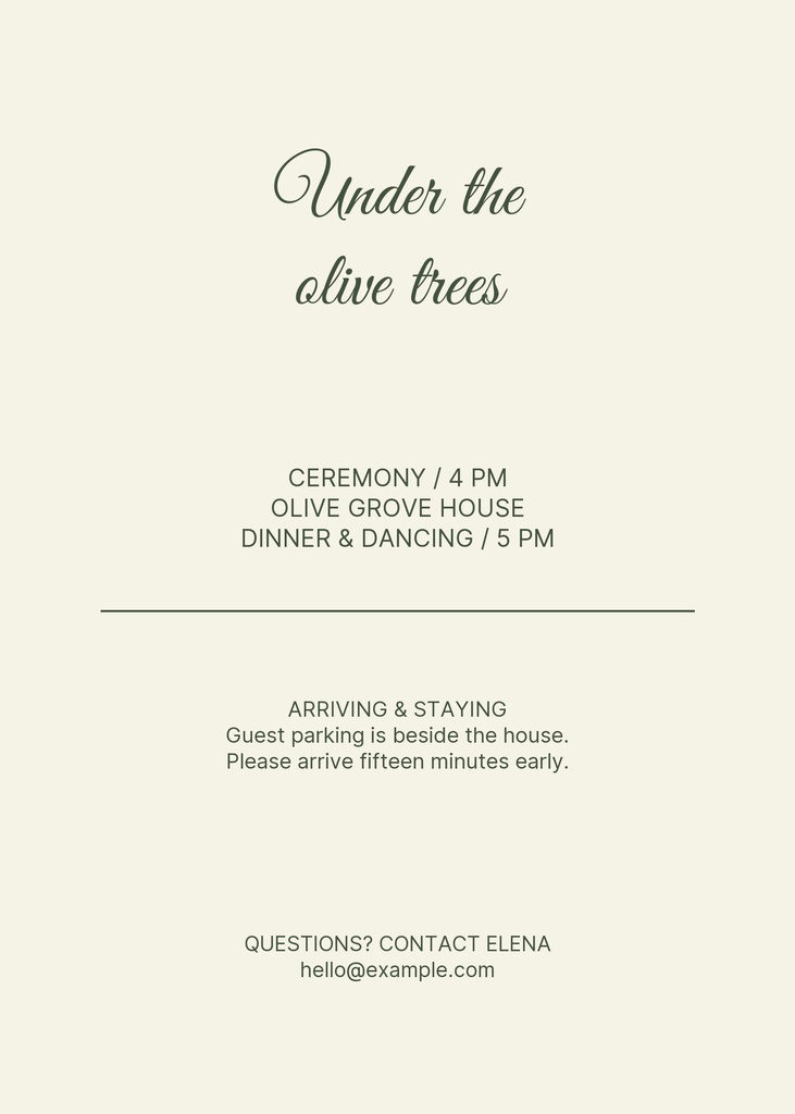 Minimal portrait wedding details card with olive tree themed title and event information