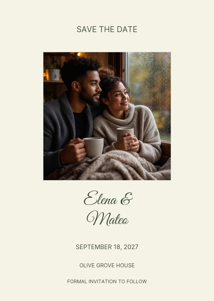 Portrait save the date template with a couple holding mugs beside a window and elegant wedding text.