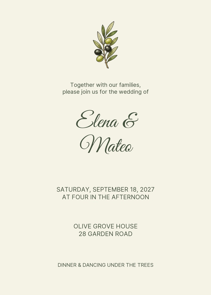 Portrait wedding invitation with olive branch illustration, elegant script names, and ceremony details.