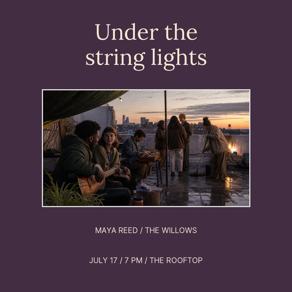 Square post with a sunset rooftop concert scene and text reading Under the string lights.