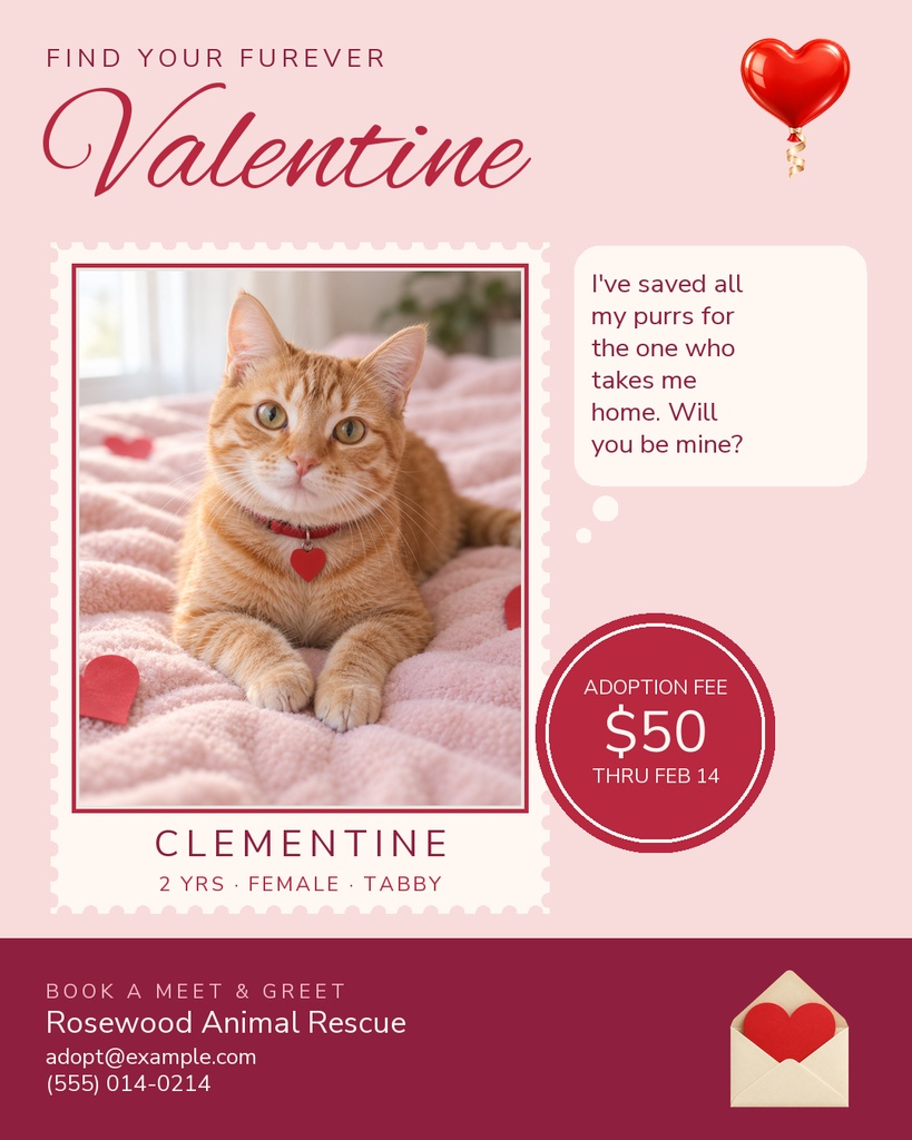 Valentine-themed cat adoption portrait post with a ginger tabby, heart accents, and adoption details.