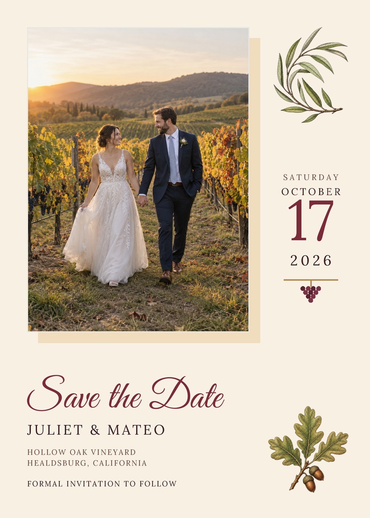 Portrait save the date template with a couple walking through a vineyard at sunset and botanical accents.