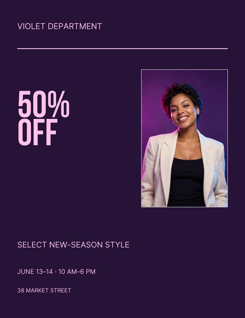 Violet sale flyer with 50% off text and a portrait of a smiling woman in a blazer.