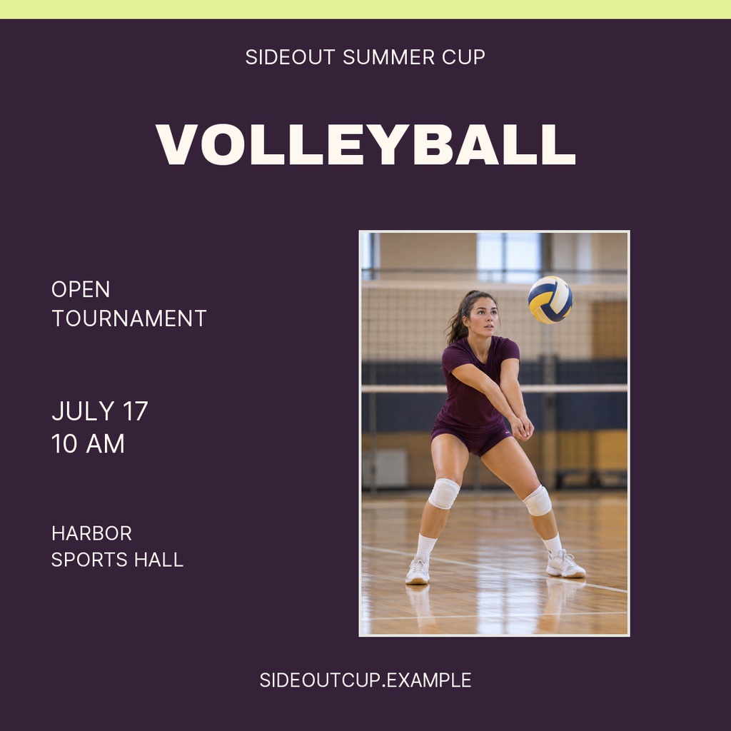 Square poster with volleyball player photo, tournament title, date, time, and venue text.