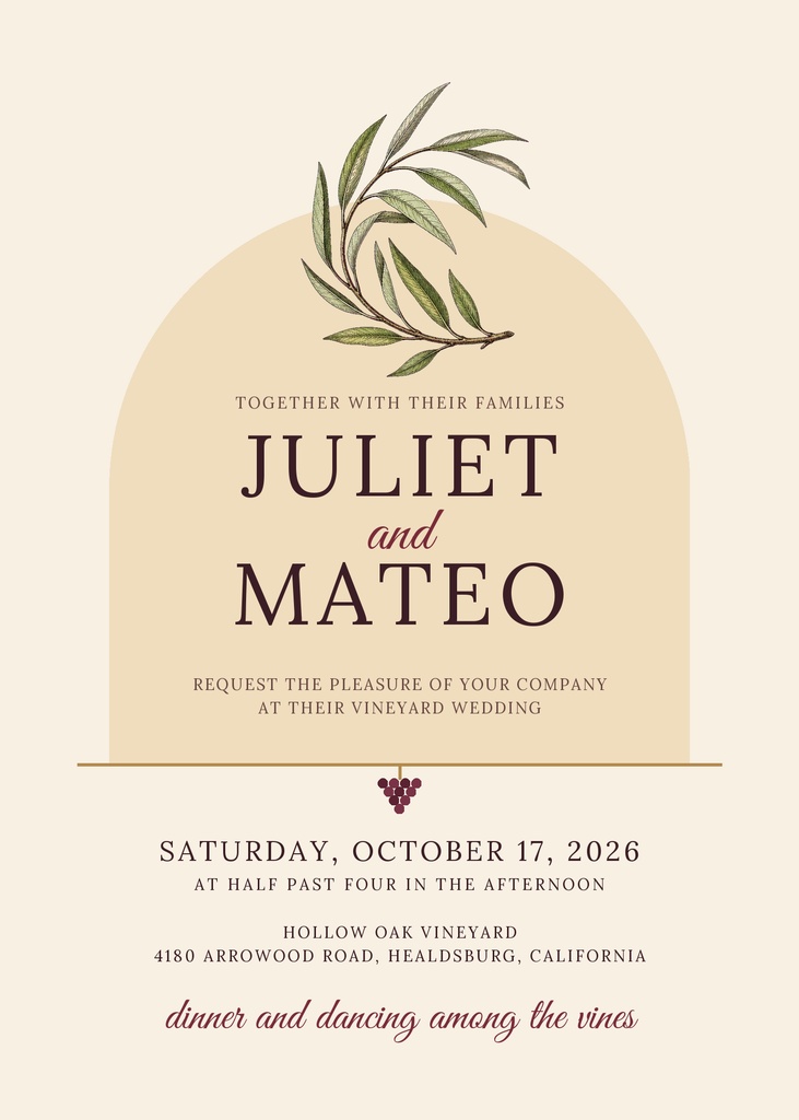 Portrait wedding invitation with olive branch illustration, arch frame, and vineyard details.