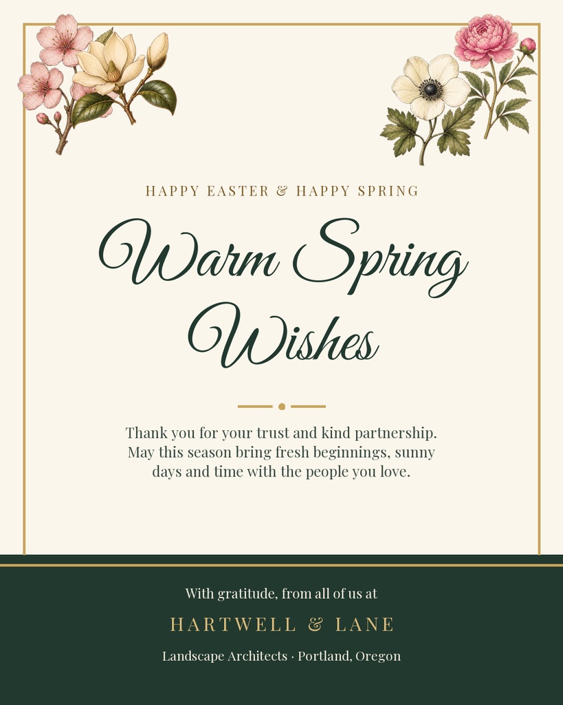 Portrait greeting card with floral corners and the words Warm Spring Wishes.