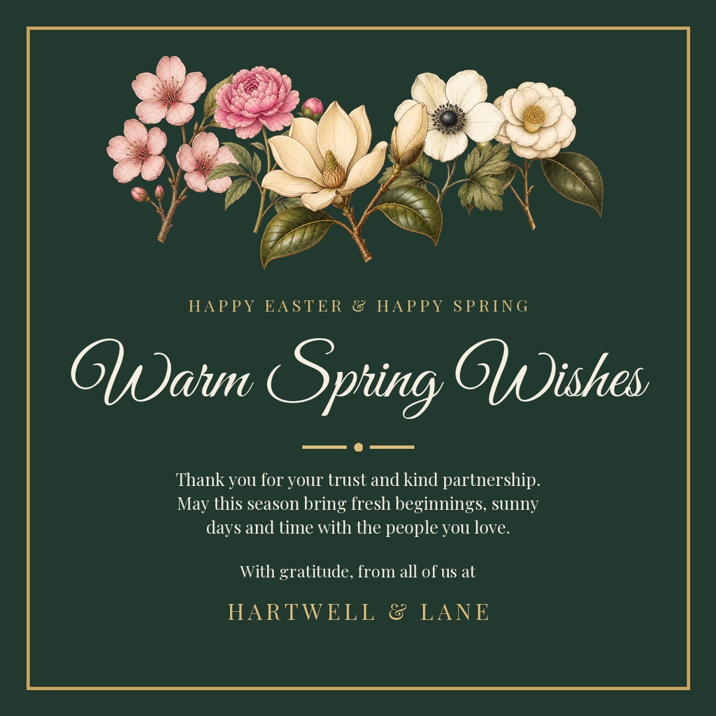 Square greeting card with flowers on a dark green background and warm spring wishes text.