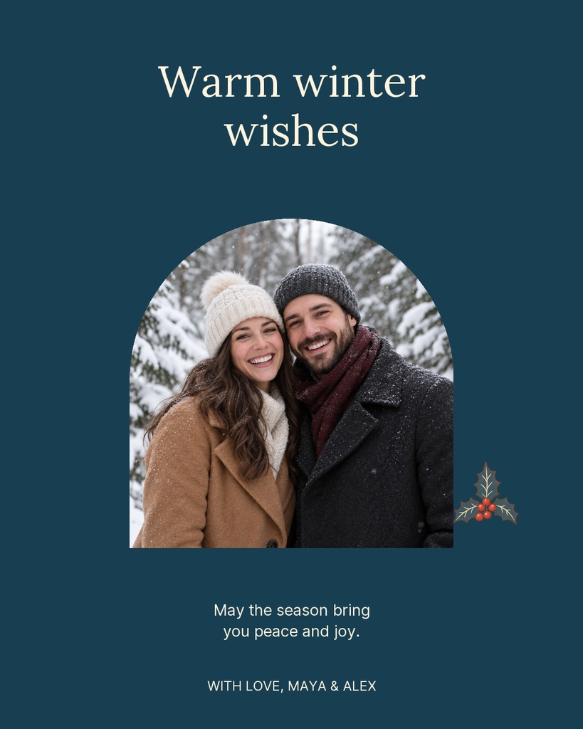 Couple smiling in winter clothes inside an arch frame with warm winter wishes text on a blue background.