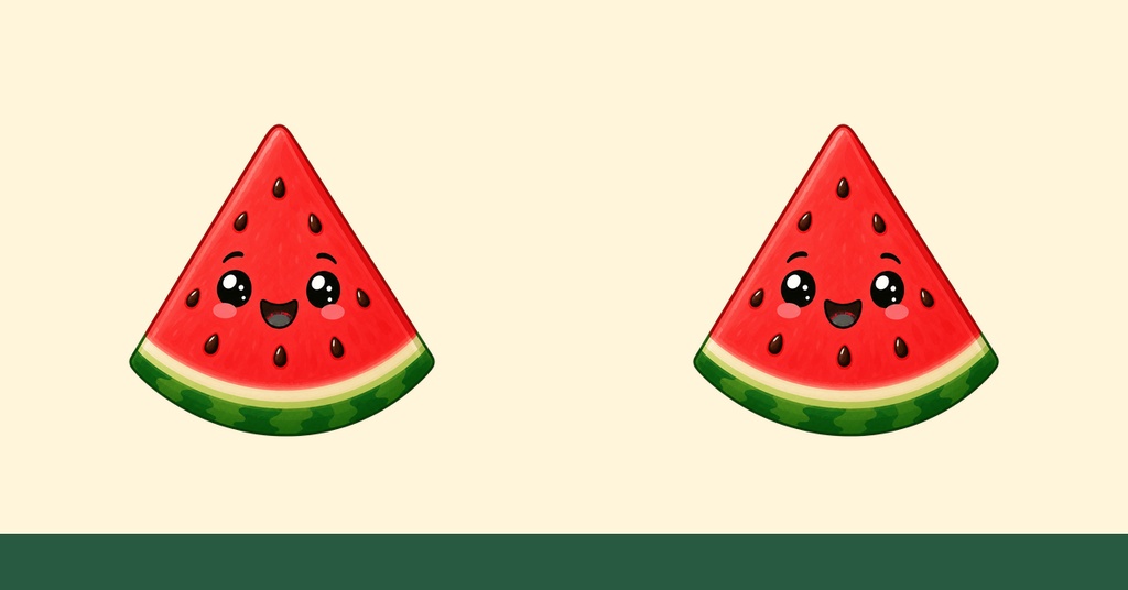 Two cute watermelon slice characters on a beige background with a dark green band at the bottom.