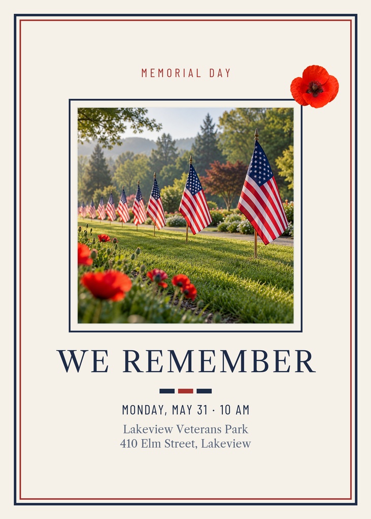 Portrait Memorial Day card with American flags, red flowers, and the words We Remember.