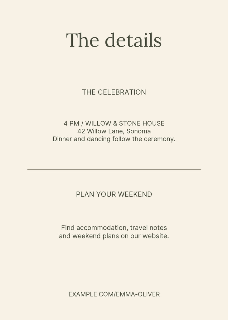 Ivory wedding details card with centered text and a thin horizontal divider