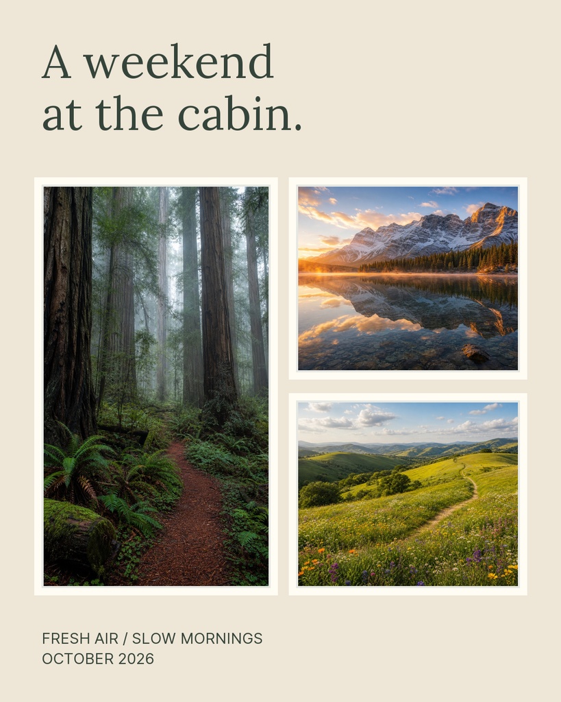 Portrait collage with forest path, mountain lake, and rolling hills on a beige background.