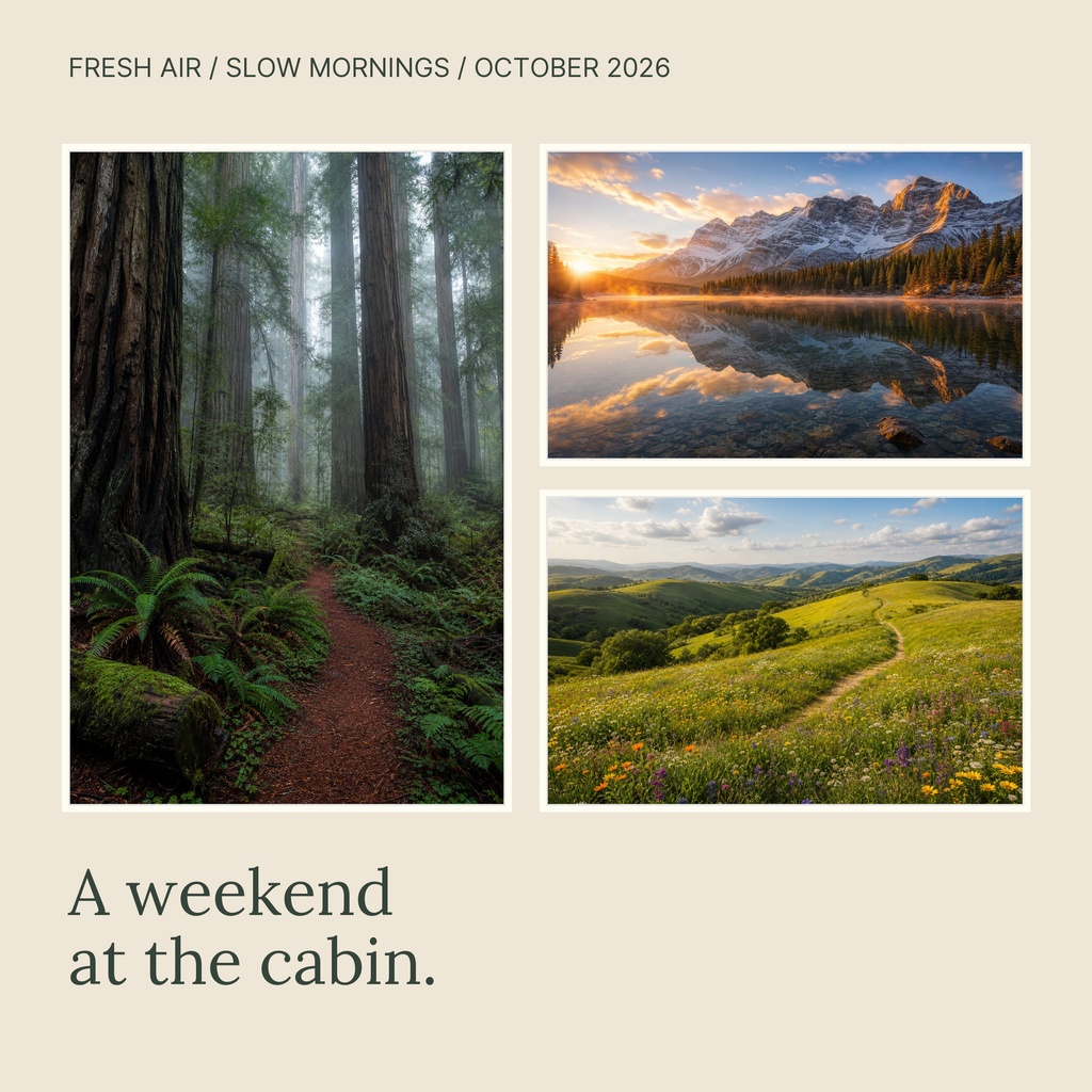 Square collage layout with three nature photos and the title Weekend at the Cabin.