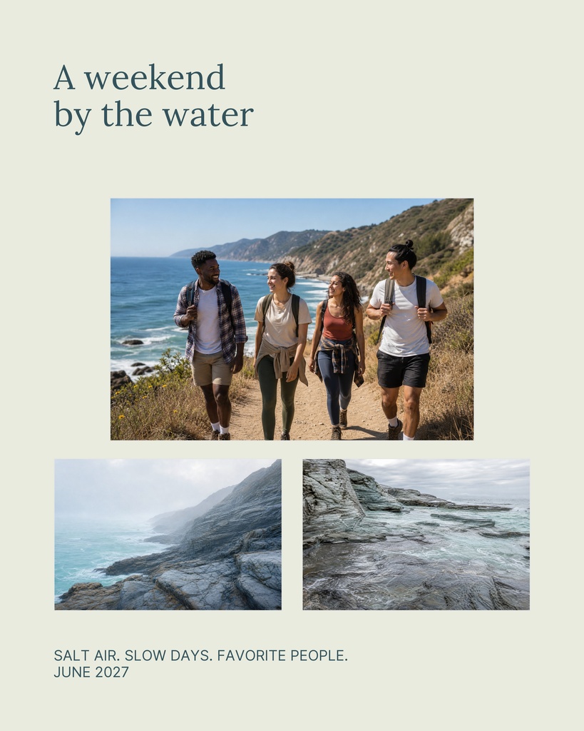 Scrapbook-style memory page with a title, three coastal photos, and a short caption.