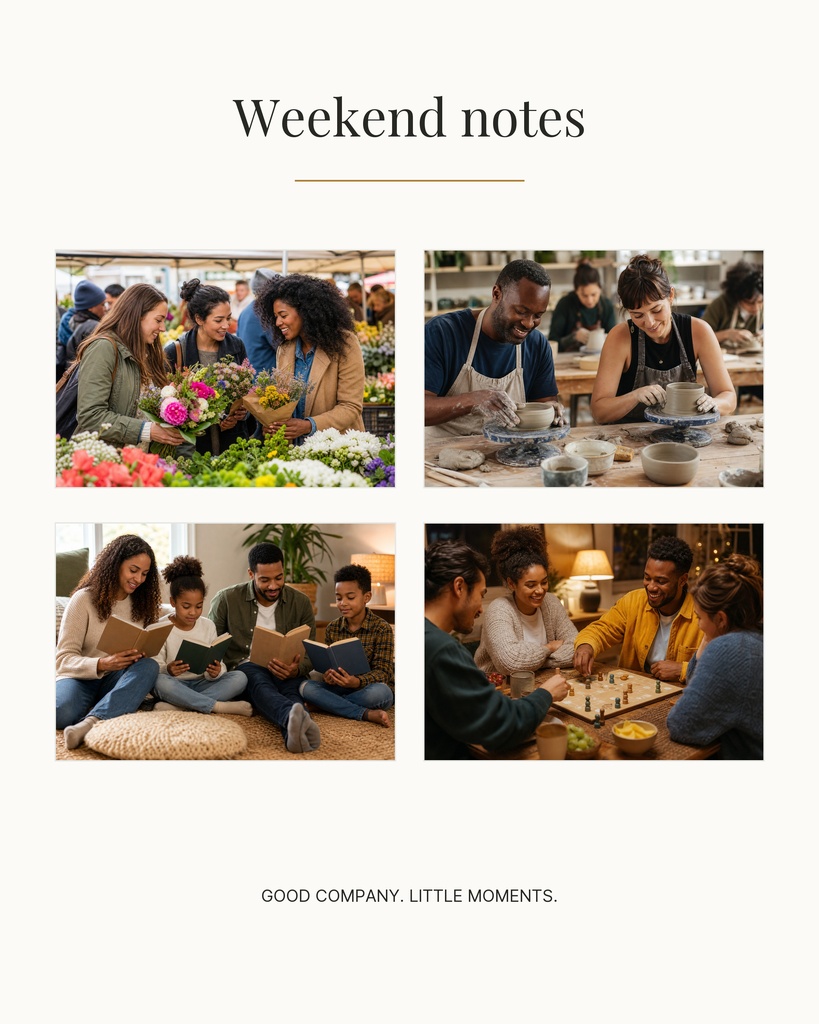 Portrait scrapbook page with the title Weekend notes and four lifestyle photos in a grid.