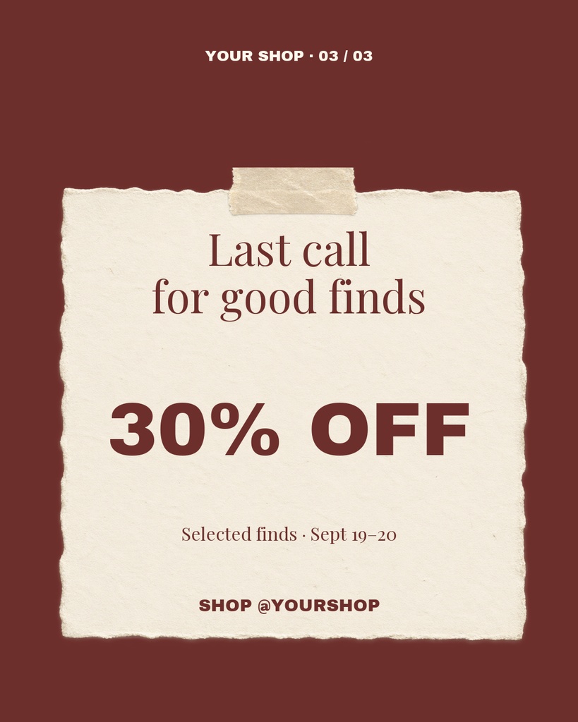Paper collage style sale page with torn cream paper, large 30% off text, and shop details on a burgundy background.