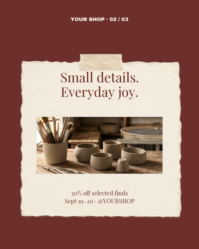 Portrait paper collage sale template with pottery photo, headline, and weekend discount text on burgundy background.