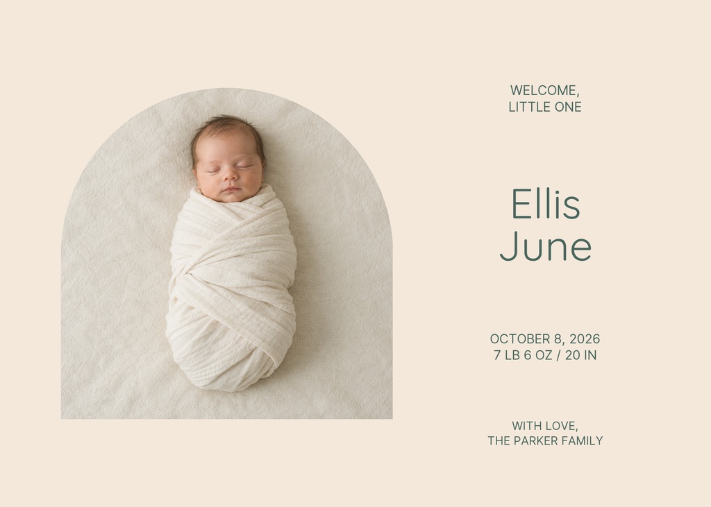 Landscape birth announcement with a sleeping swaddled newborn photo and soft beige text layout.