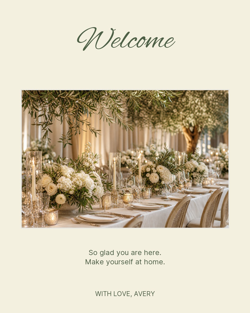 Cream welcome card with cursive heading, floral table photo, and a short greeting message.