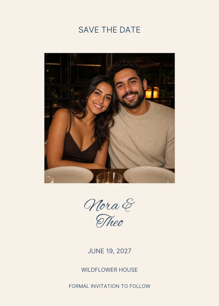 Save the date template with a couple photo, elegant script names, and wedding details on a beige background.