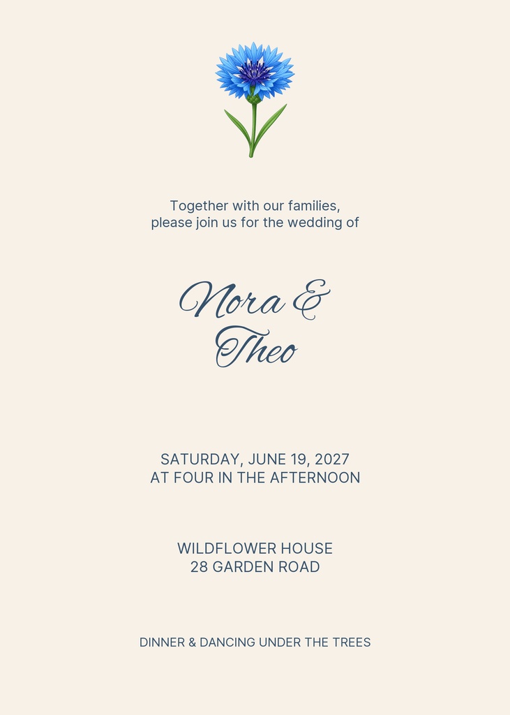 Portrait wedding invitation with a blue wildflower at the top and elegant script names.