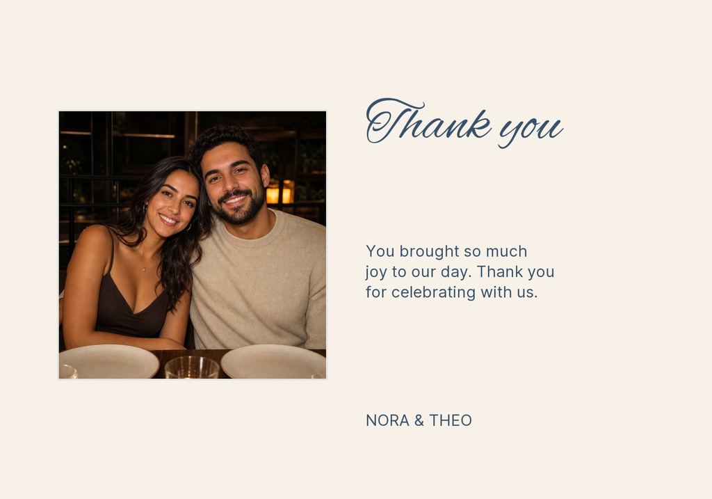 Landscape thank you card with a couple photo, thank you message, and names Nora and Theo.