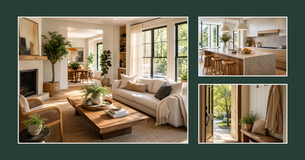 Modern bungalow interior with a living room, kitchen, and entryway arranged in a landscape layout.