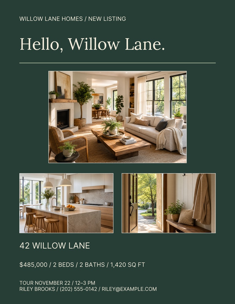 Portrait flyer for Willow Lane homes featuring bungalow interiors, listing details, and agent contact information.