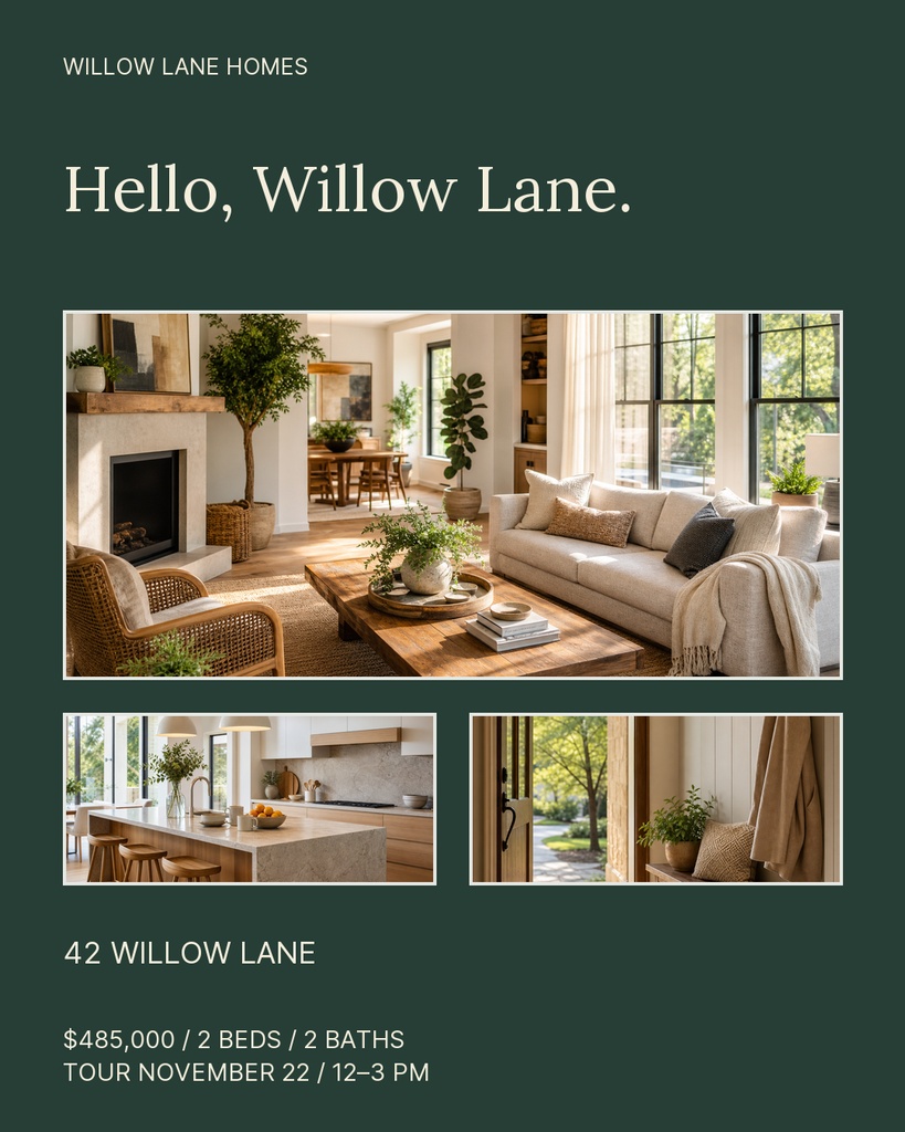Portrait real estate listing template with home photos, price, beds and bath details, and tour date.