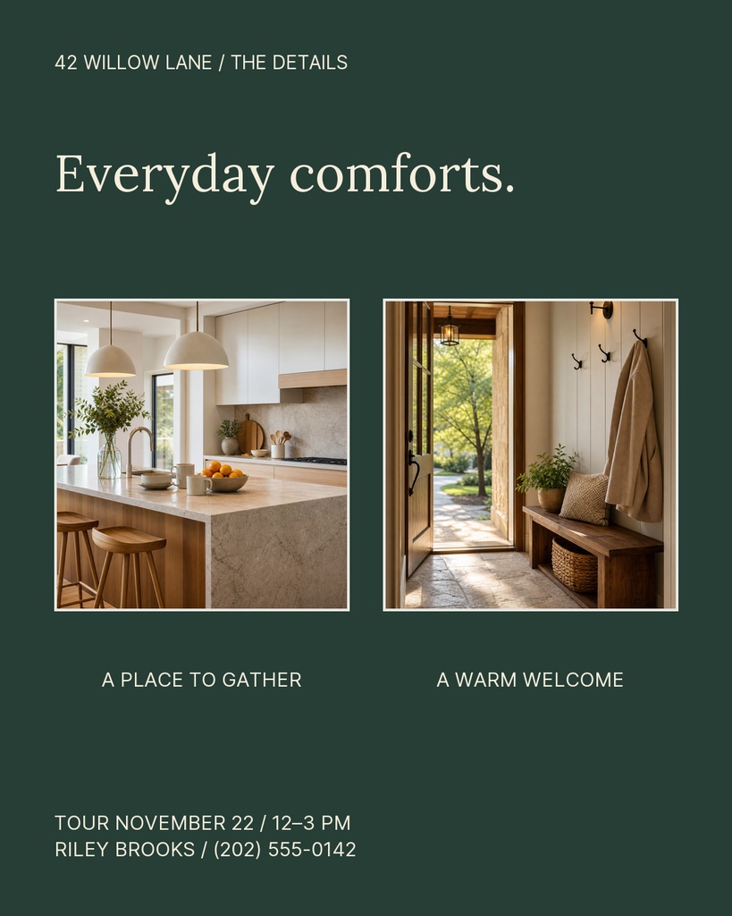 Portrait real estate template with bungalow photos, headline, and agent contact details on a dark green background.