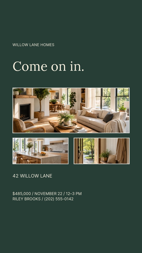 Portrait real estate story opener with bungalow photos, address, price, and agent contact details.