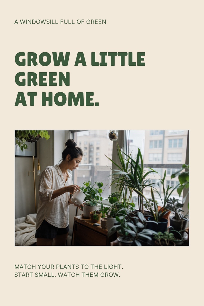 Pinterest pin template with a person watering houseplants on a bright windowsill