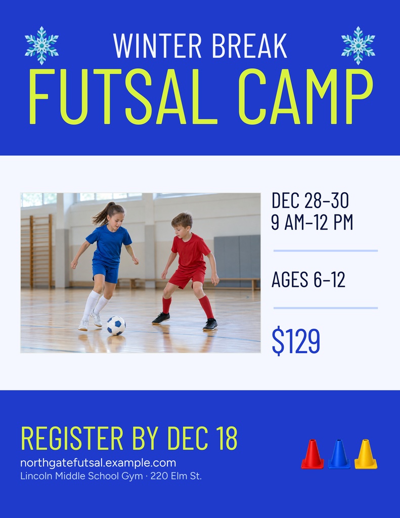 Portrait futsal camp flyer with two children playing indoor soccer, dates, ages, price, and registration details.