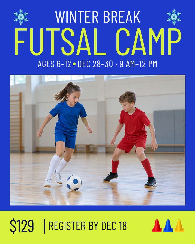 Portrait social post for winter break futsal camp with two children playing indoor soccer.
