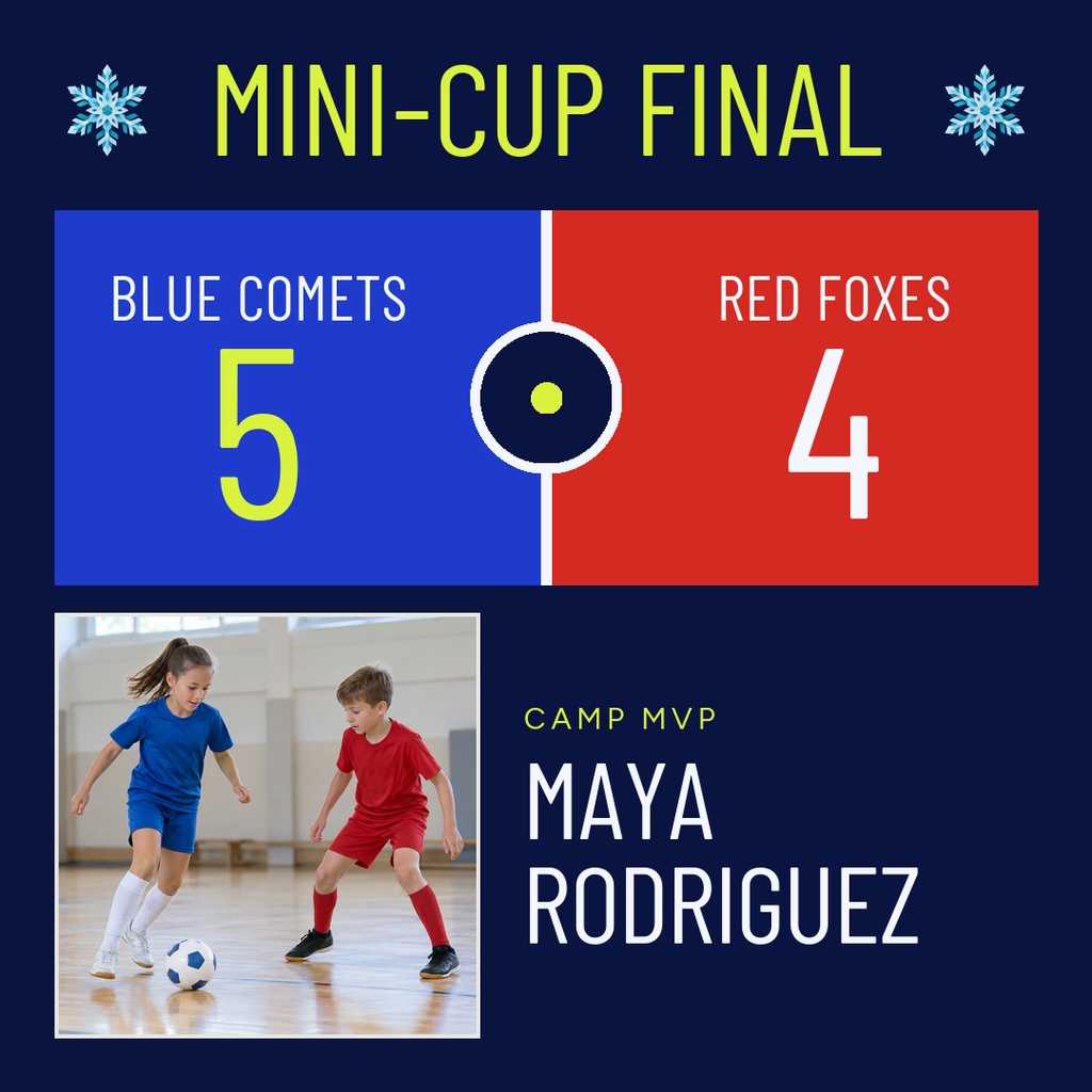 Square futsal score post with blue and red score panels, camp MVP text, and a player photo.