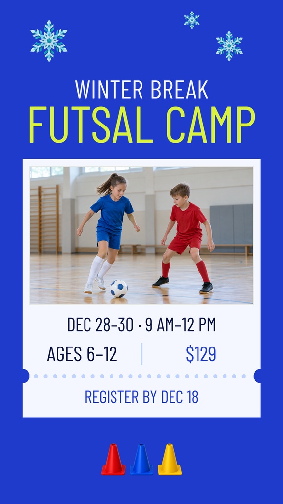 Instagram Story template with two children playing futsal in an indoor gym.