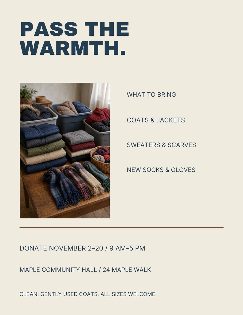 Portrait flyer with Pass the Warmth headline, folded coats, and a list of donation items.