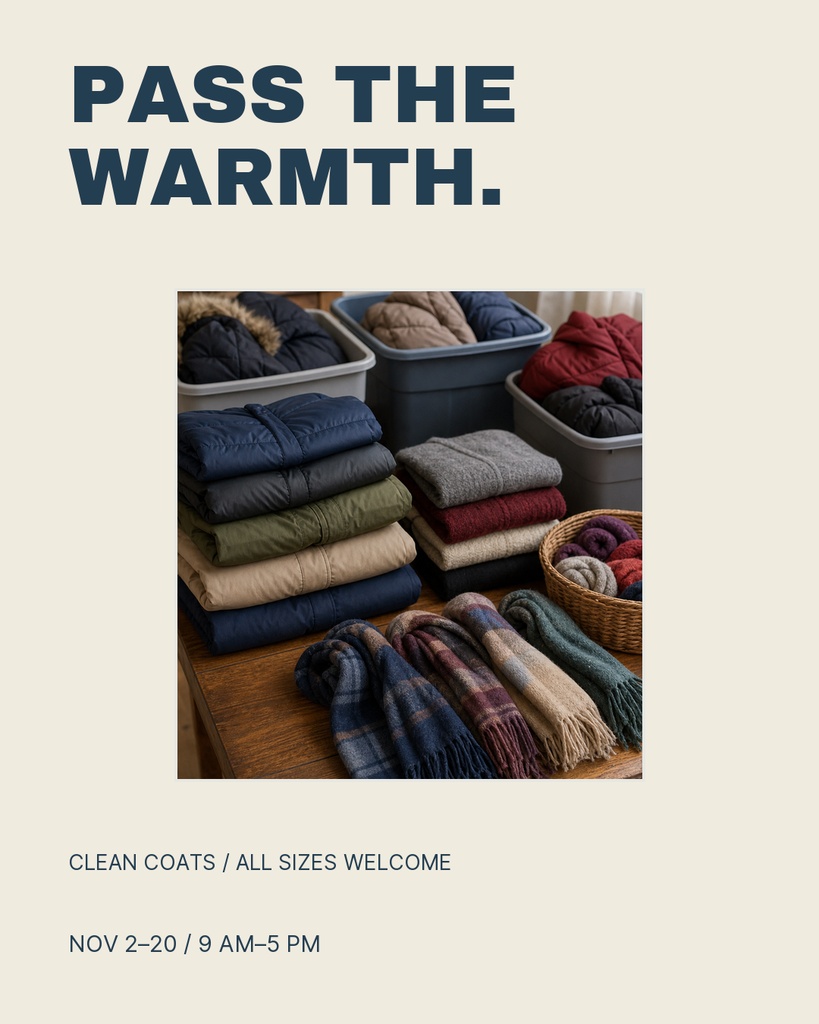 Portrait post with folded winter coats, bins, and the headline Pass the Warmth.