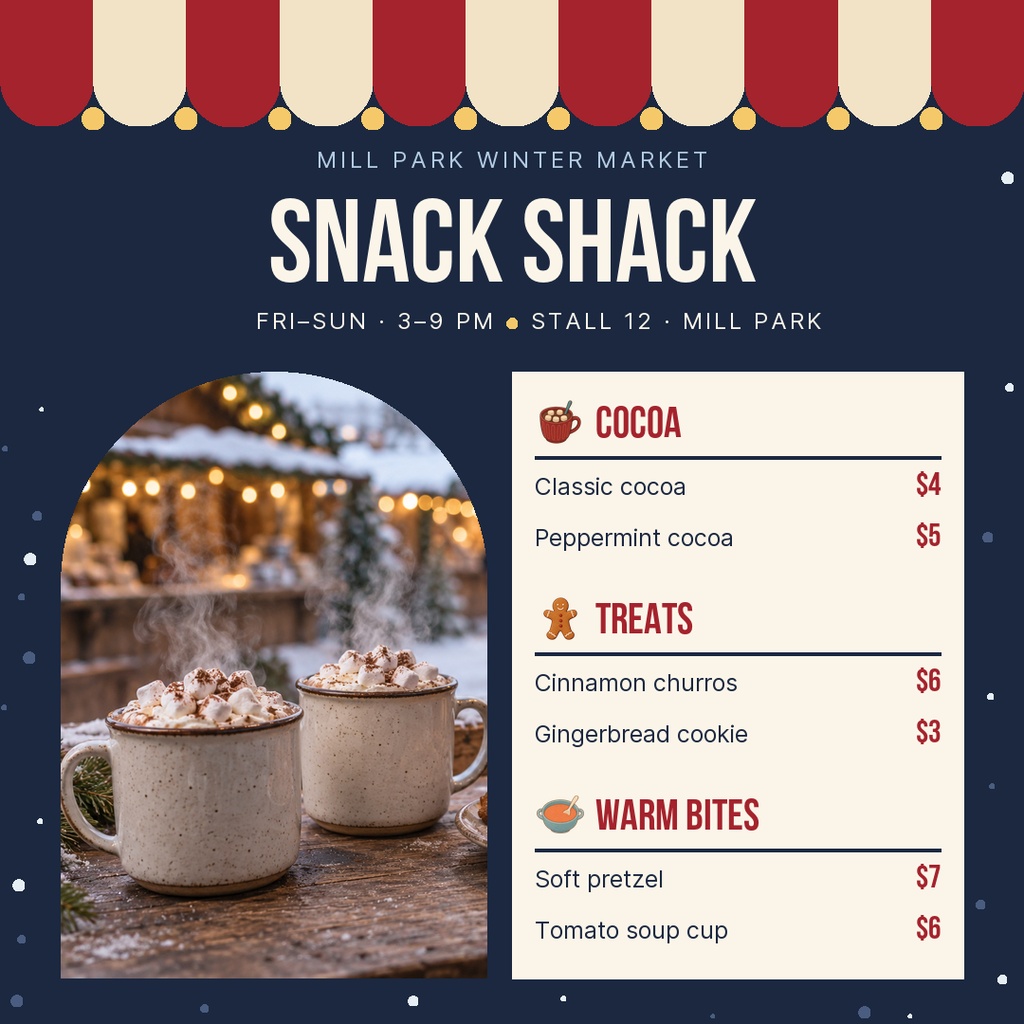 Winter market snack shack menu with cocoa, treats, warm bites, and hot cocoa photo.