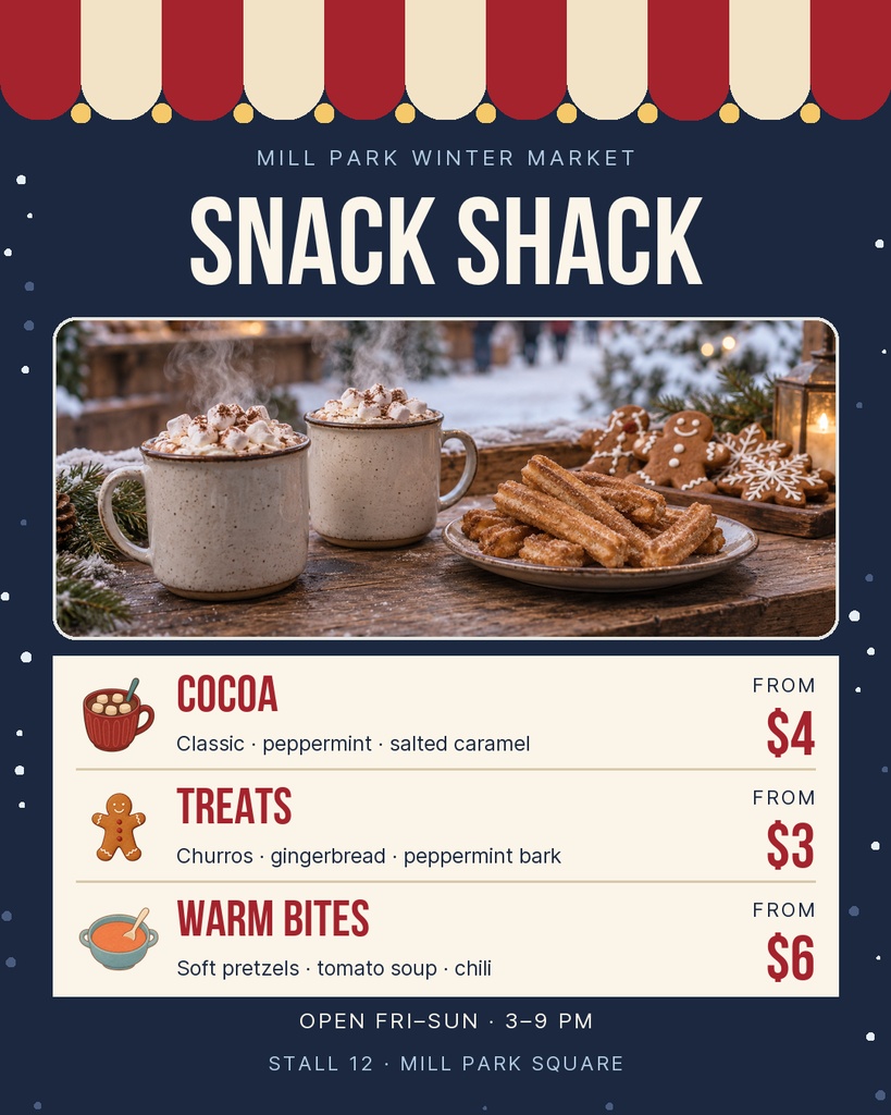 Portrait menu poster with cocoa, treats, and warm bites for a winter market snack shack.