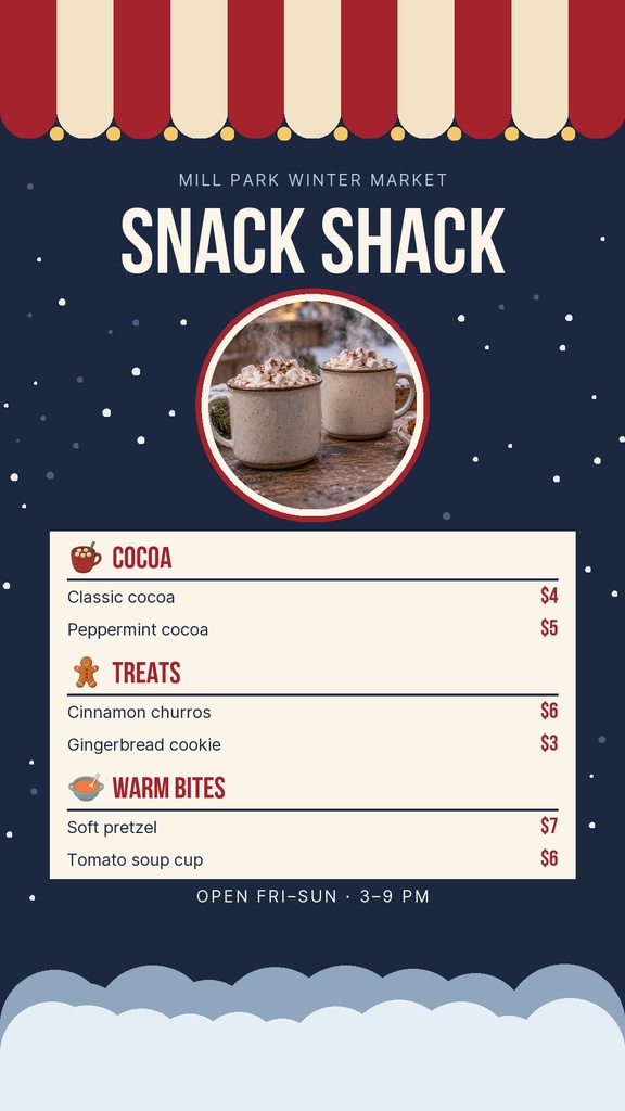 Instagram story template with snack shack menu, hot cocoa, winter market theme, and prices.