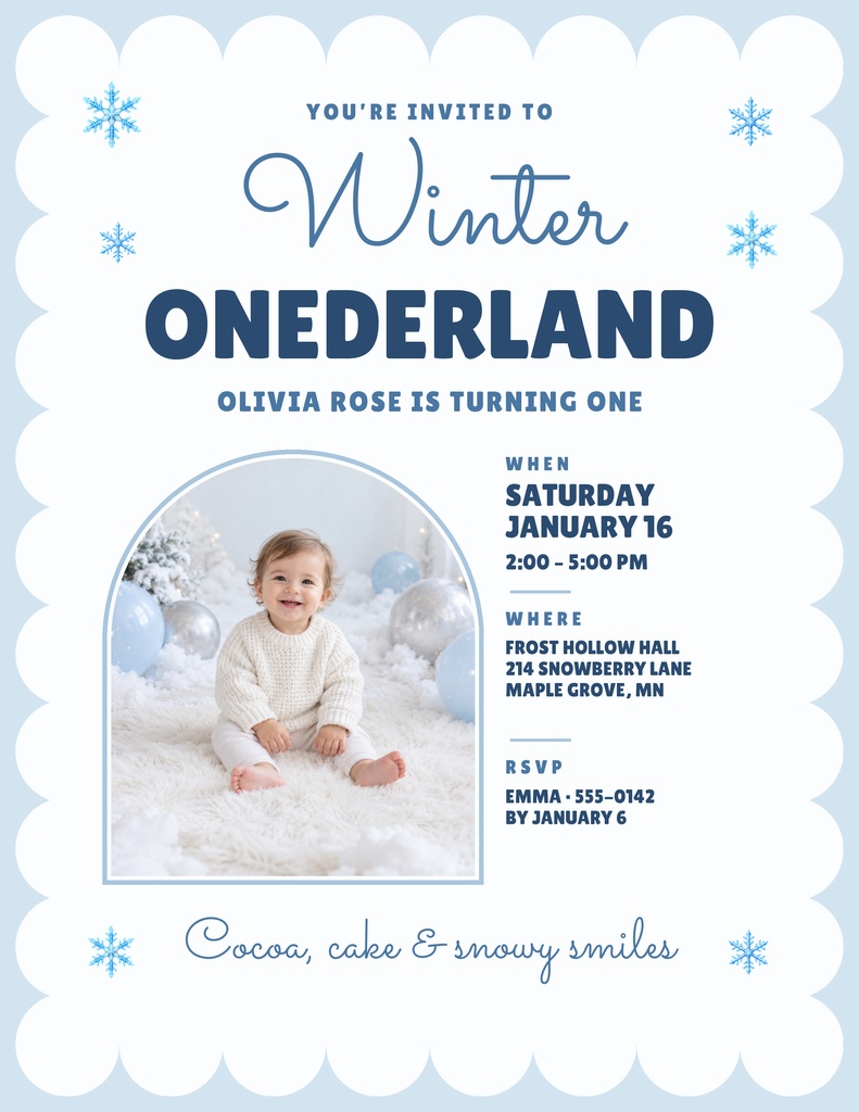 Portrait winter birthday invitation with snowflakes, a baby photo, and bold Winter Onederland text