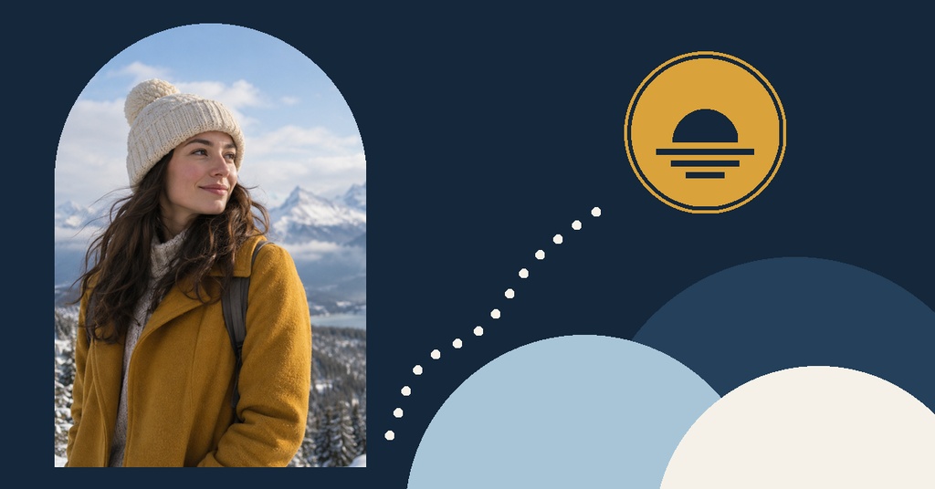 Woman in a knit hat and mustard coat in front of snowy mountains with circular graphic shapes.