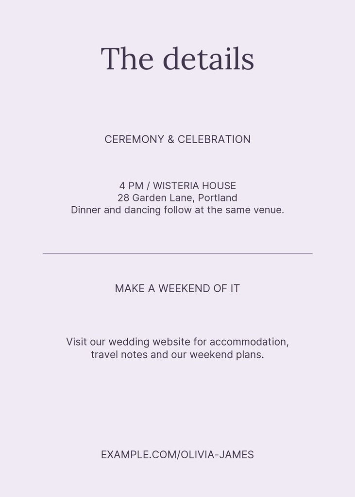 Lavender wedding details card with ceremony, venue, and weekend information text
