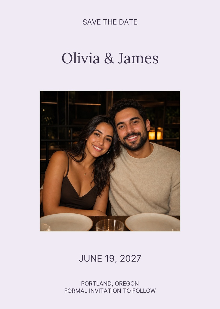 Portrait save the date card with a couple photo, lavender background, and wedding details text.