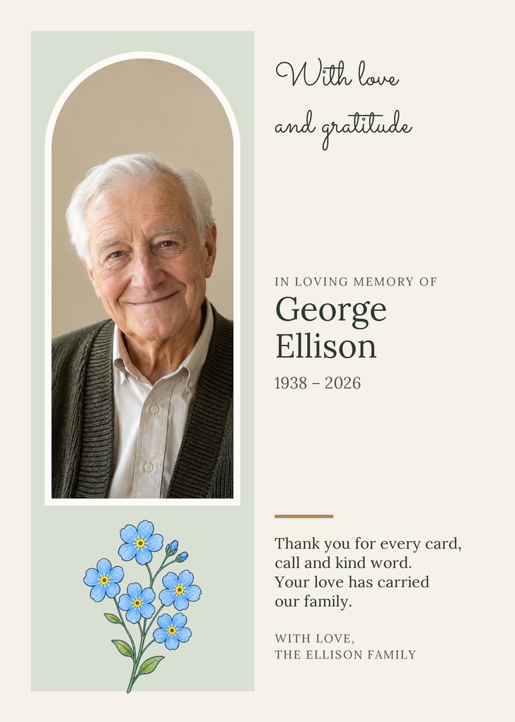 Portrait memorial card with an elderly man photo, floral illustration, and tribute text.