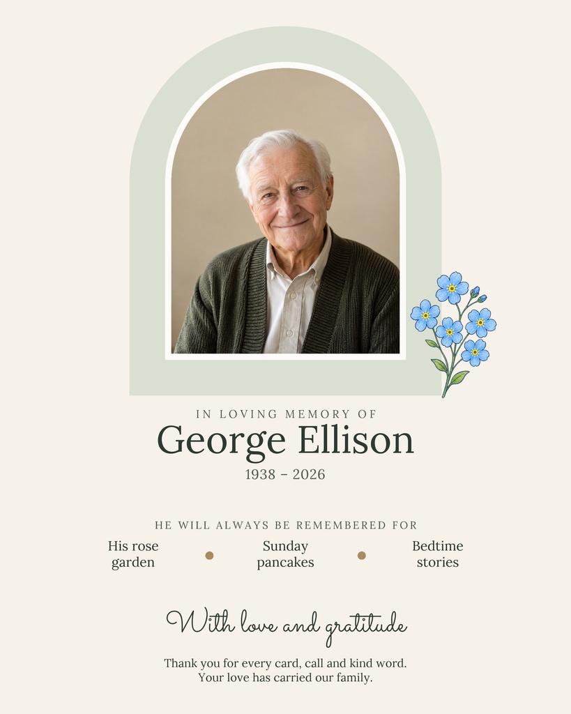 Portrait memorial template with framed elderly man photo, blue flowers, and tribute text.