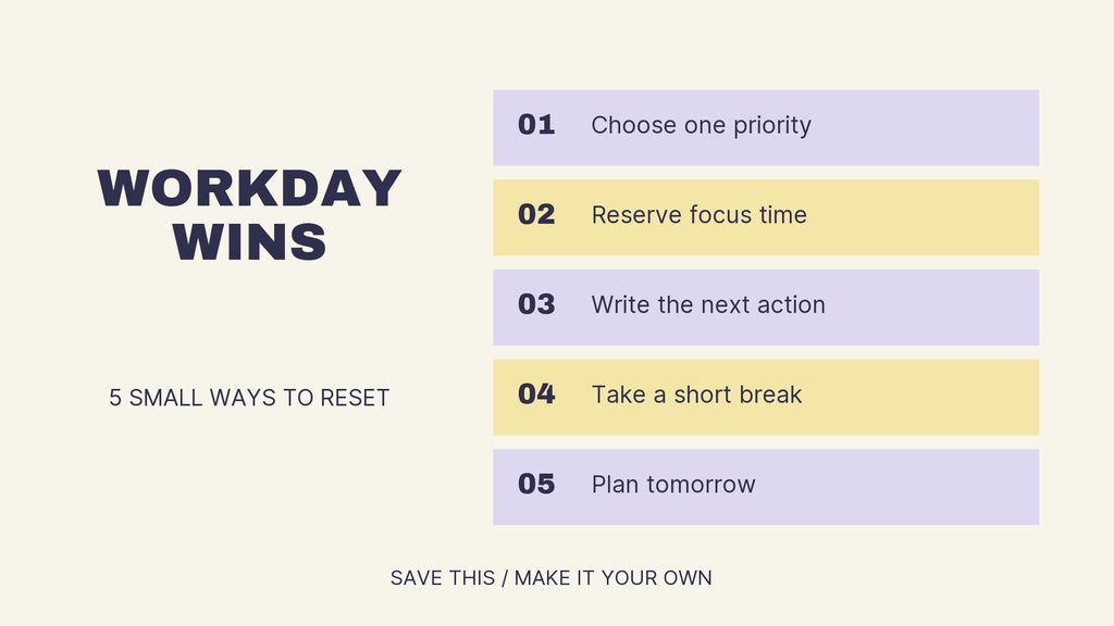 Minimal landscape graphic with the title Workday Wins and five numbered work reset tips.