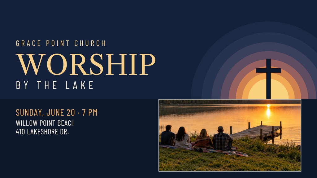 Church worship event graphic with sunset lake photo, cross silhouette, and large title text.