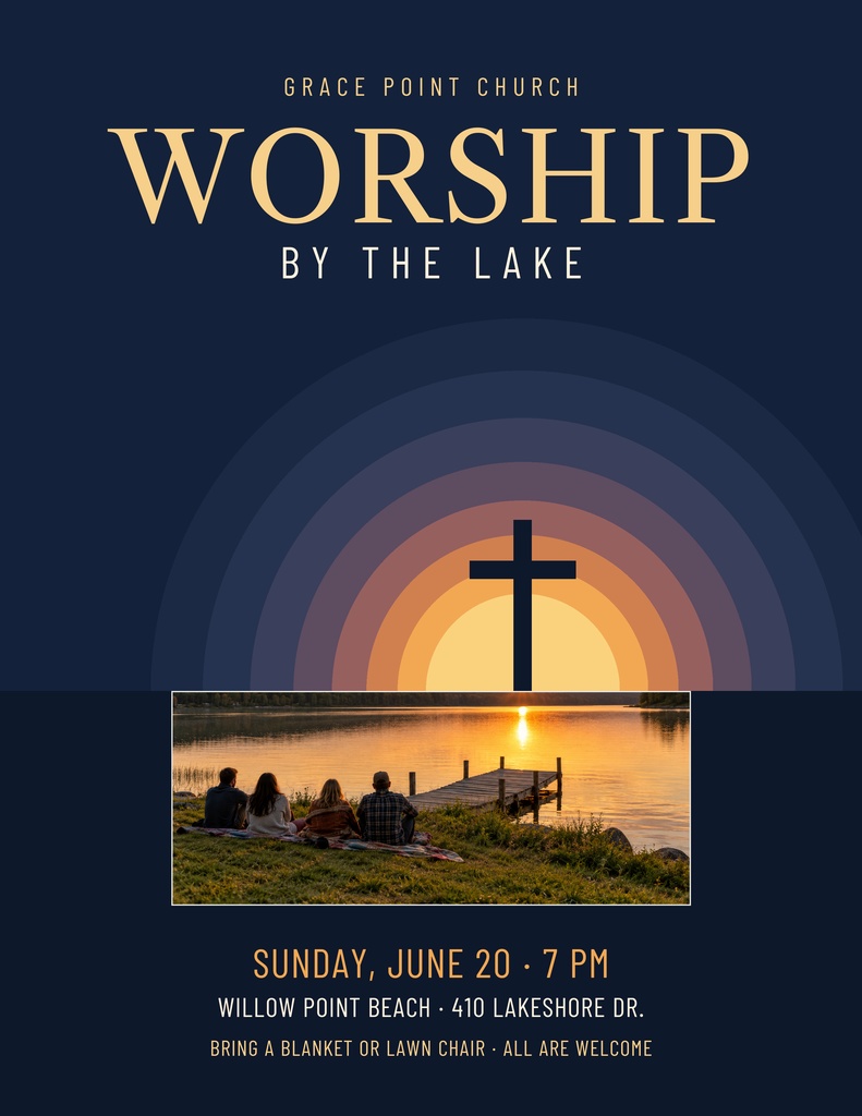 Portrait church flyer with a lake sunset, cross icon, and worship event details.